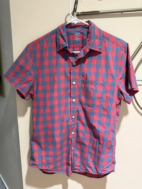 J. Crew Men’s Short-Sleeve Red & Blue Check Shirt Size S 100% Cotton
