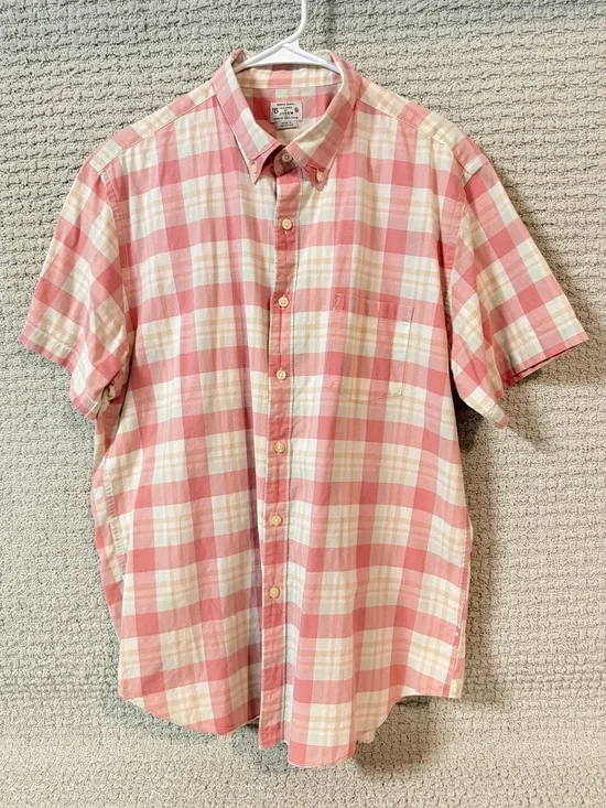 J. Crew Pink and Cream Plaid Short-Sleeve Button-Down shirt Sz XL