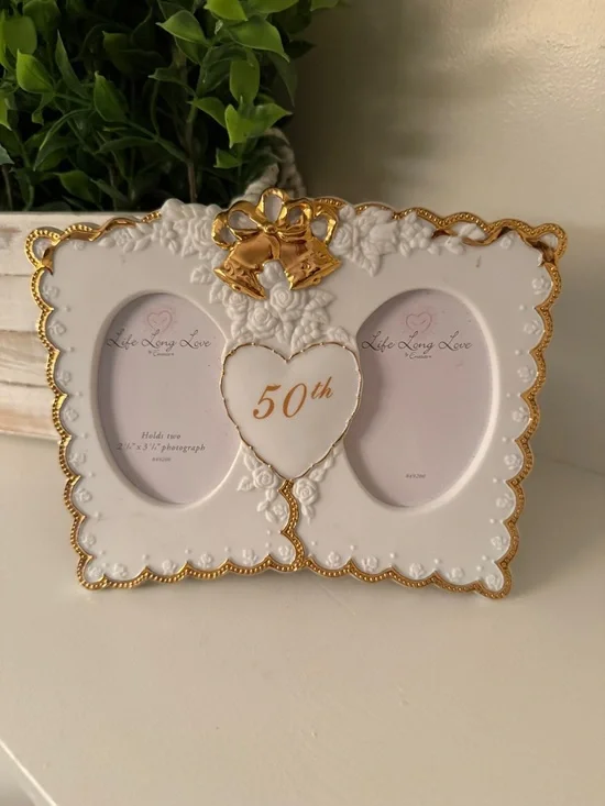 50th Golden Anniversary Gold Trim White Picture Frame- Holds Two Cherished Photo
