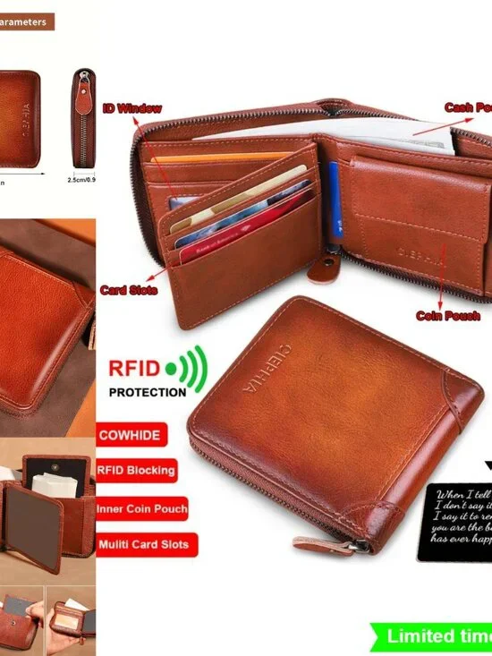 Genuine Leather Zipper Wallet Large Capacity Men's Bifold