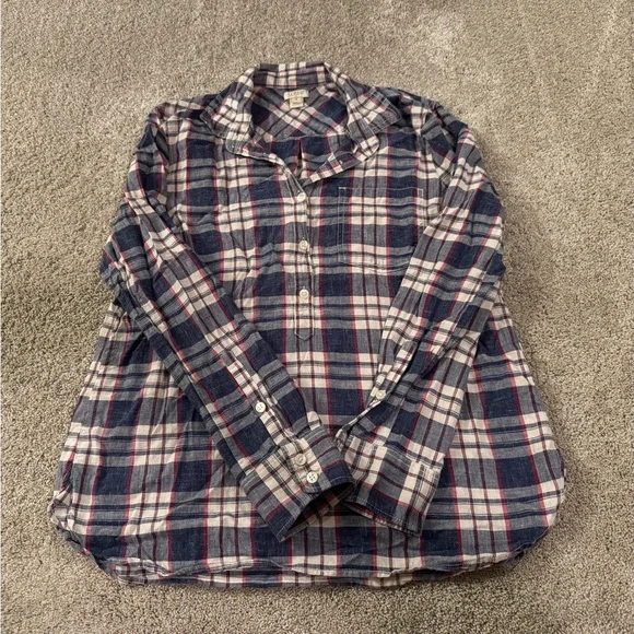 J.Crew Plaid Button Front Shirt Navy Red Cream Small Classic Casual Top
