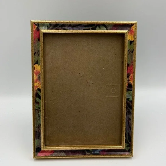 Vintage Floral Gold Tone Speckled 5x7 Tabletop Picture Frame Botanical Decor