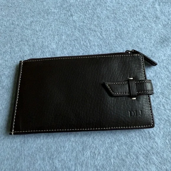 Levenger Black Leather BiFold‎ Wallet Card Holder Travel Organizer Monogram DLJ