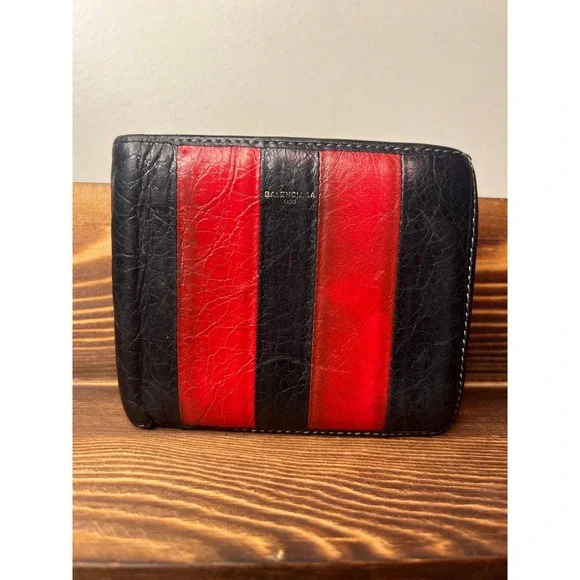 Balenciaga Mens Red Black Striped Lambskin Leather Bifold Wallet with COA‎
