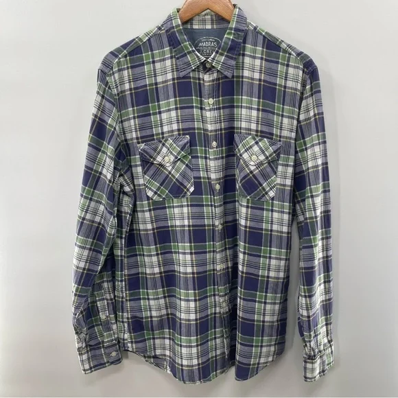 J. Crew Indian Madras Normcore Blue Green Plaid Button Up Grandpa Shirt Large