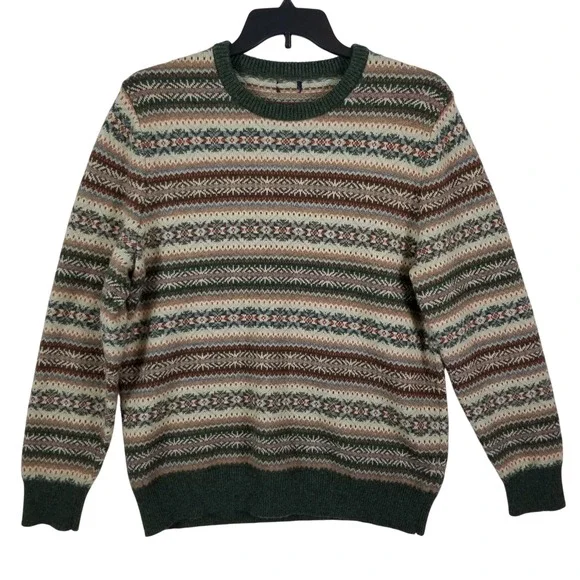 J. Crew Mens Fair Isle‎ Crewneck Sweater Green Brown Lambswool Blend Sz M