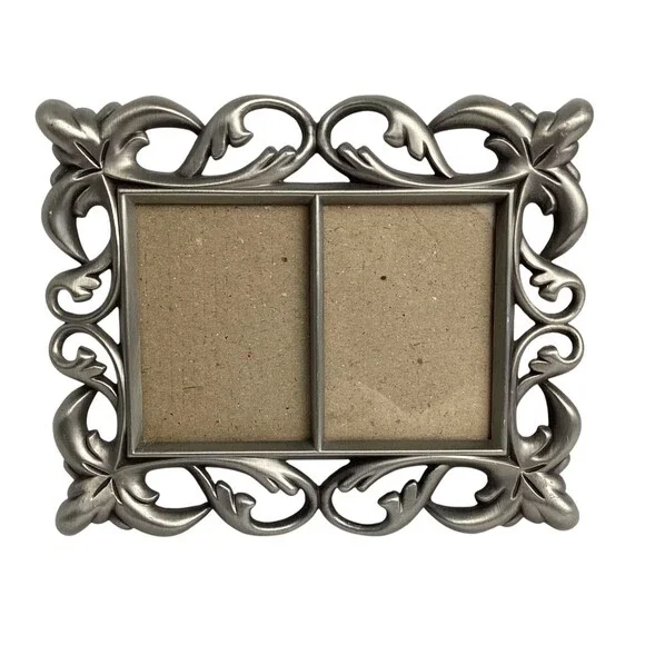 Metal Picture Frame Double Wallet Size Silvertone Ornate Scroll
