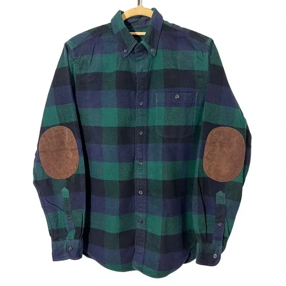 J.Crew Flannel Shirt Mens S Green Navy‎ Buffalo Check Cotton Wool Elbow Patch