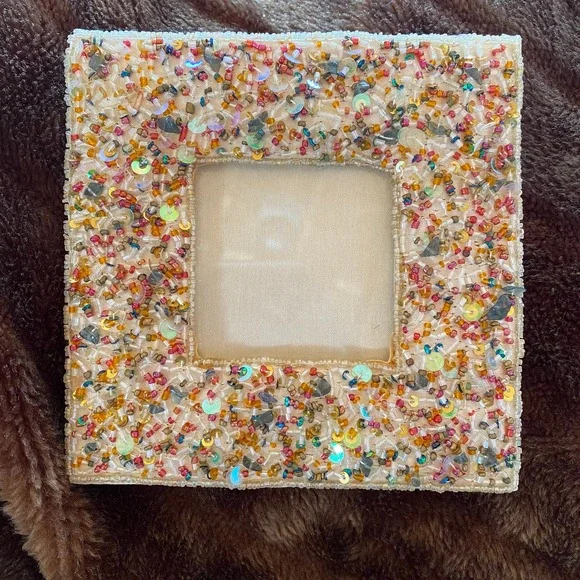 6” Square Beaded & Sequined Cream‎ Fabric Covered Photo Frame