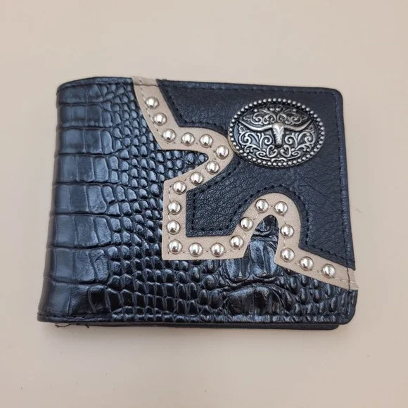 Mens Western Bifold Wallet Black Croc Embossed Longhorn Bull Medallion Studded