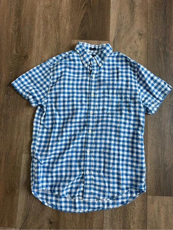 J. Crew Blue White Gingham Linen  Button-Down Shirt Men’s Size Medium