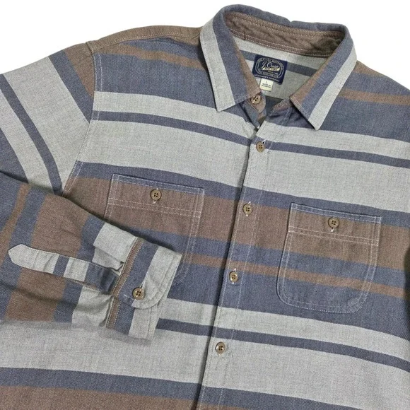 J. Crew‎ Flannel Shirt Men Large Gray Brown Striped Excellent Cotton Preppy