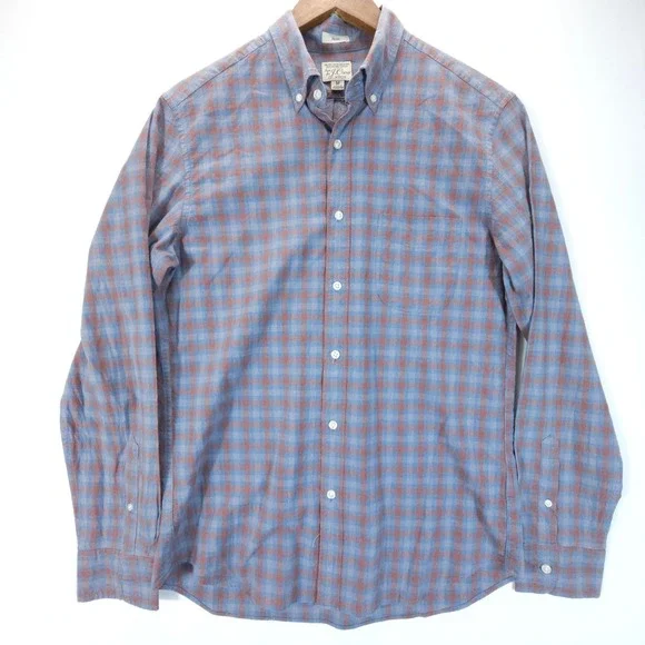 J. Crew Shirt Mens M Blue Brown Plaid Slim Fit Organic Cotton Stretch Streetwear