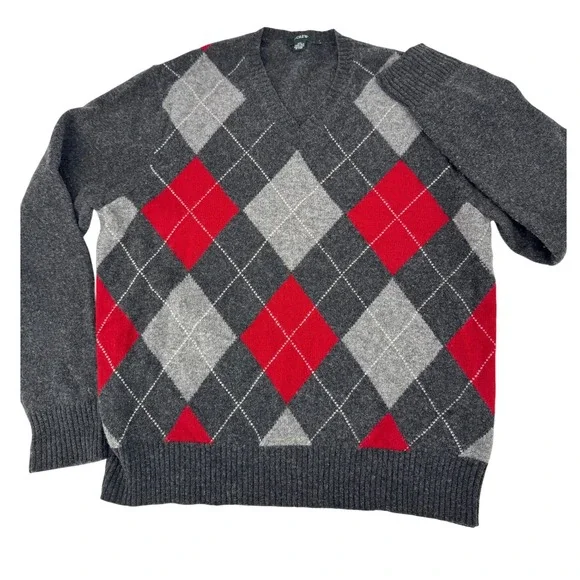 J. Crew Men's Argyle Sweater Large Lambswool Gray Red V-Neck Pullover‎