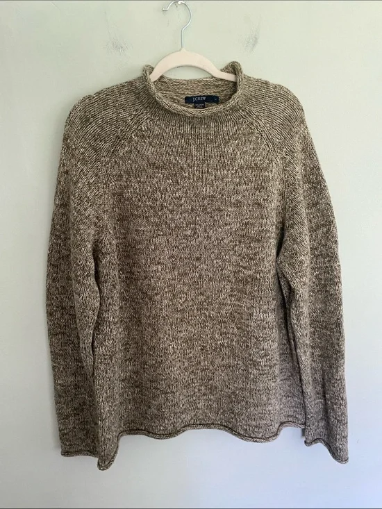J. Crew Rolledneck Mock neck Sweater Size Large 100% cotton Green & cream
