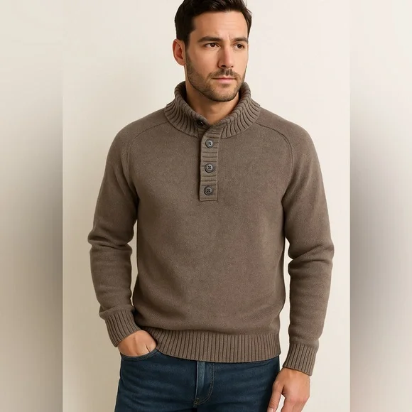 J.Crew Men’s Cotton Shawl Collar Sweater – Button Mock Neck Taupe Brown Size M