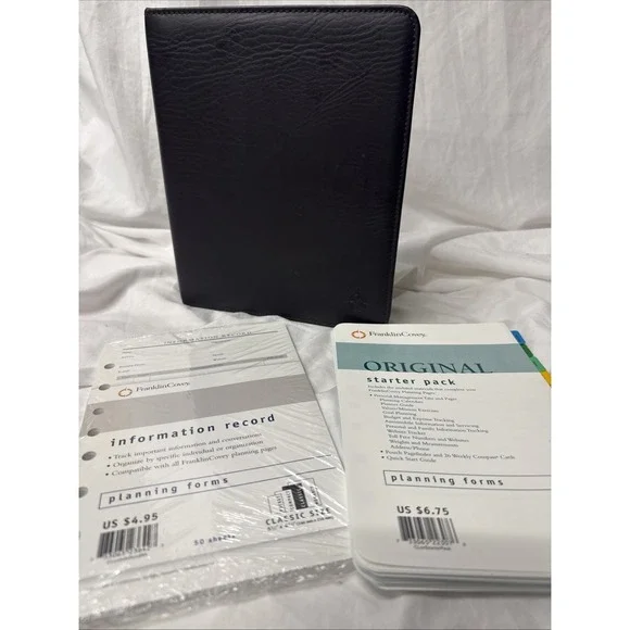 Franklin Covey BLACK  7 large Ring Binder Planner Faux Leather Inserts Guide Tab