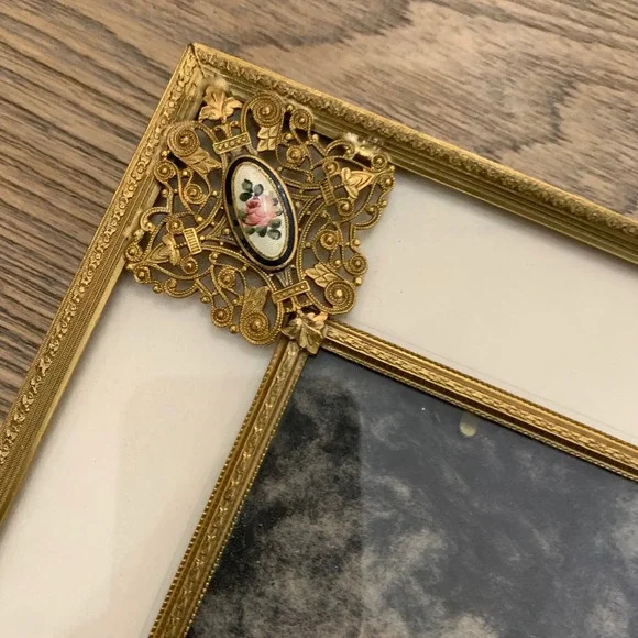 Vintage Brass Filigree Picture Frame Enamel Floral Corners Velvet Back 10x13