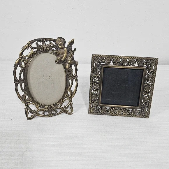 Vintage Ornate Bronze Tone Picture Frame Set Cherub Angel & Floral Scrollwork