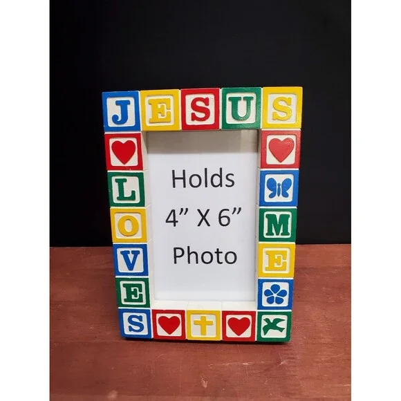 Vintage Jesus Loves Me Religious Child's Toy Block Picture Photo Frame 4x6