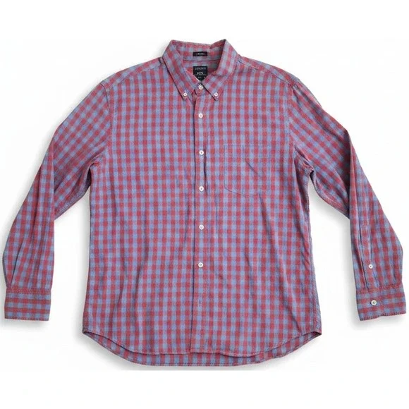 J.Crew Mens XL Flex Washed Slim‎ Untucked Plaid Button Down Shirt Red Blue
