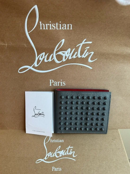 NWT Christian Louboutin Men’s Funky Studded Leather Bifold Wallet in Smoke Grey
