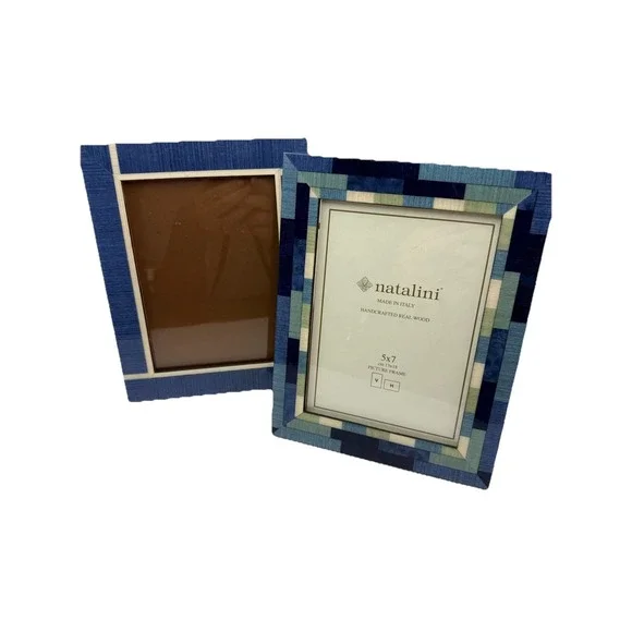 Pair Natalini Italy 5x7 Picture Frames Blue Mosaic Wood Handcrafted Made Italy