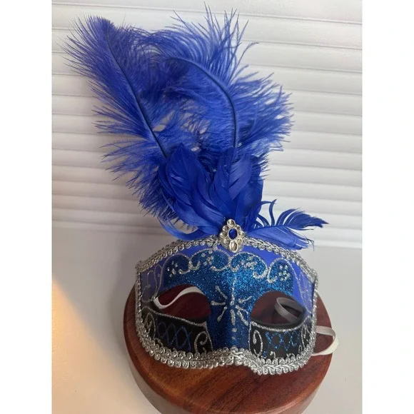 Blue‎ Silver Mardi Gras Masquerade Mask Feather Venetian Style Costume Mask