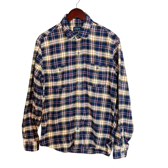 J. Crew Mens Flannel Shirt L Blue Yellow Plaid Cotton Long Sleeve AF877 Y2K