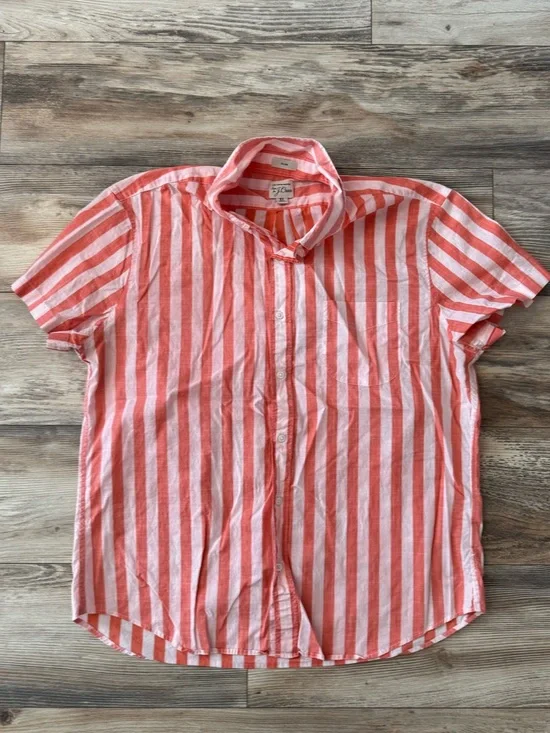 J. Crew Short-sleeve seersucker shirt striped cotton XL slim fit Orange/Pink