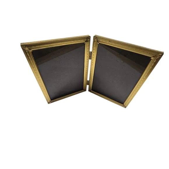 Vintage Gold Metal Brass Bifold Photo Picture Frame Glass Front Classic Velvet