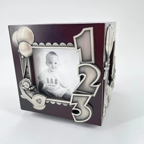 Royal Limited Silver Rotating Wood Baby Photo Cube Music Twinkle Little Star Vtg