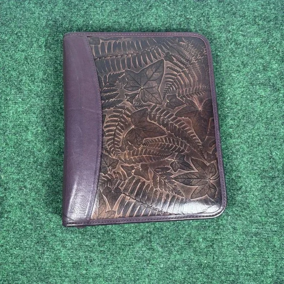 Vtg Franklin Quest Planner Leather Classic Binder Zip Black Brown Leaves