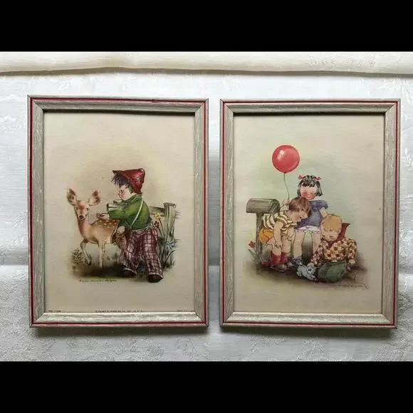 Vintage 1940s Lithograph Framed Nursery Art Pair Marion Bradford Burgess