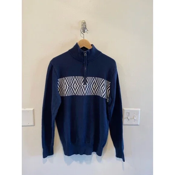J.Crew Mens 1/4 zip heritage sweater 100% cotton navy preppy pullover fair isle