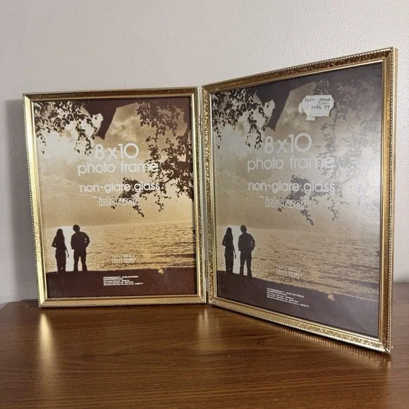 Vintage Intercraft Gold Tone Metal Double Hinged 8x10 Picture Frame Bi Fold