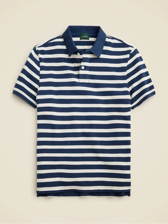 J.Crew Men’s Washed Pique Polo Shirt Blue/White Stripe Large Short-Sleeve Preppy