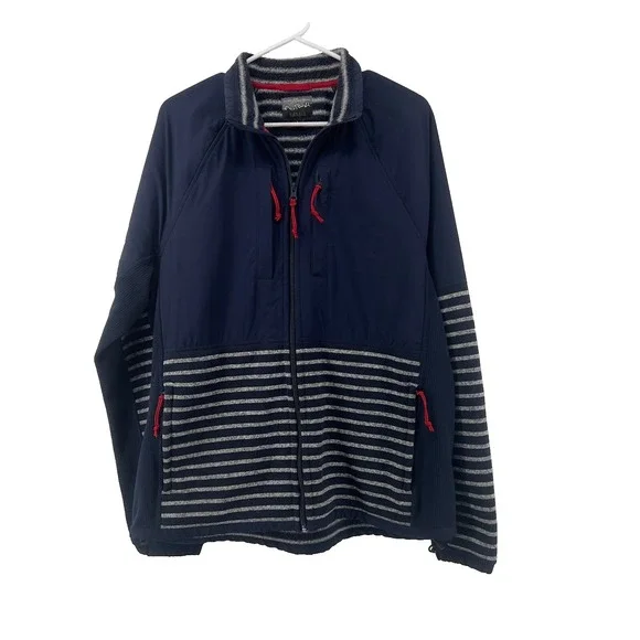 J.Crew Men L Nordic Full Zip Long Sleeve Fleece Jacket Navy Grey Striped Pockets