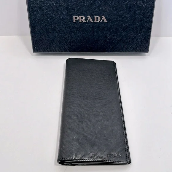 Authentic PRADA Men's Saffiano Leather Bi-Fold Long Wallet- Black