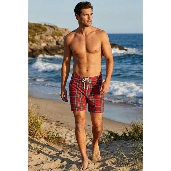J. Crew Red Tartan Plaid Men's Swim Trunks‎ Board Shorts Size 33 Preppy Classic