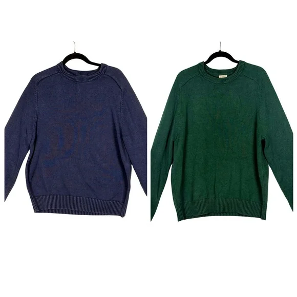 Lot of 2 J. Crew Mens XL Cotton Crewneck Sweaters Navy Blue Forest Green Solid‎