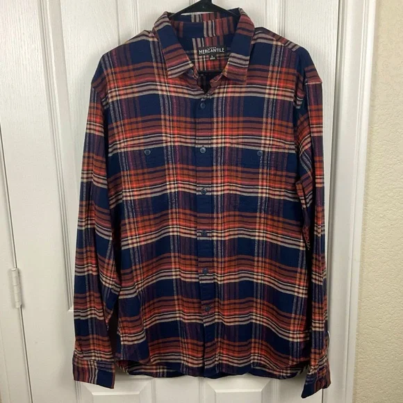 J.Crew Mercantile Men’s Orange BLue Flannel Button Up Long Sleeve Shirt, Size L