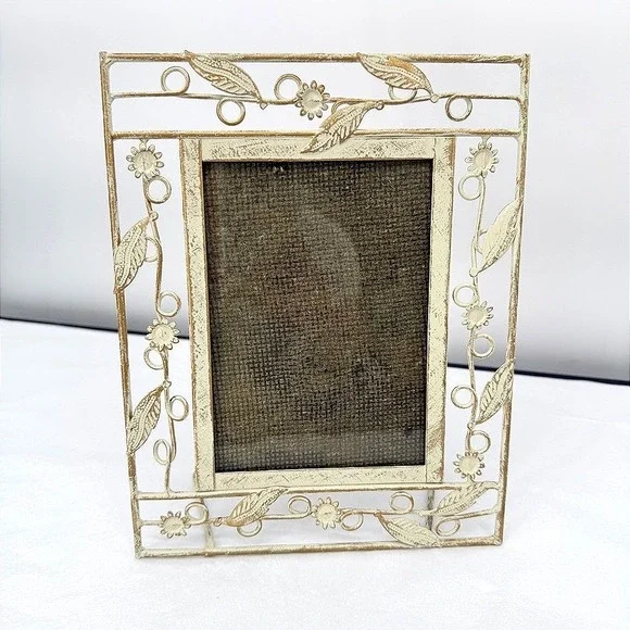 Metal Picture Frame Shabby Chic Floral Distressed Cream Feminine Cottage Decor