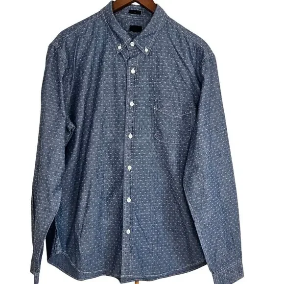 Preppy Americana J.Crew Slim Fit Blue Dobby Chambray Floral Button‑Up Shirt XL