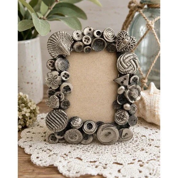 Vintage Pewter Button Picture Frame 4.25x3.5