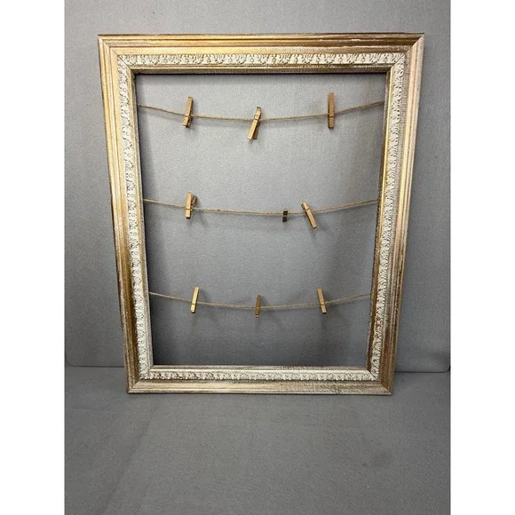 Rustic Ornate Gold White Clothespin Twine Photo Display Frame 18.5x23 Farmhouse