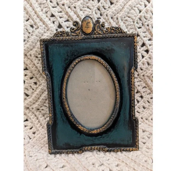 Silvestri Vintage Style Ornate Picture Frame Dark Green Gold Oval 3x5 Tabletop