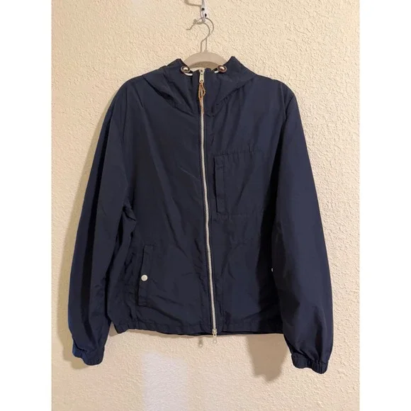 J. Crew Mens XL‎ Navy Blue Hooded Windbreaker Full Zip Cotton Nylon Jacket