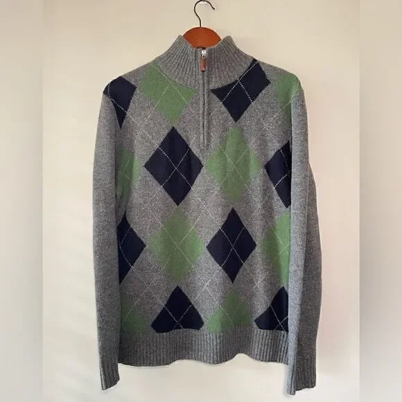 J. Crew 100% Premium Lambswool Argyle Gray Zip Pullover Sweater Size Medium