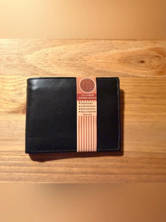 Impressions Black Leather Bi-Fold Wallet with Tan Label Accent